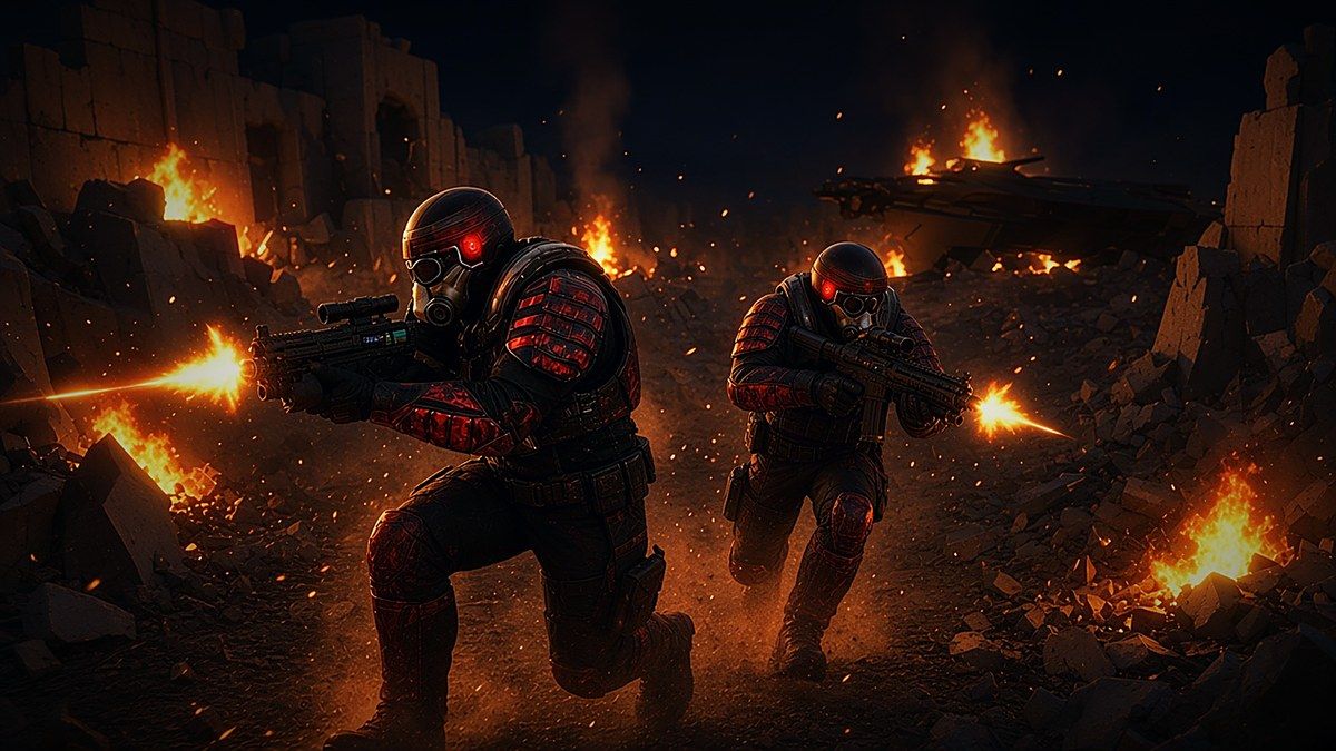 Night view of a crashed gunship wreck and burnt-out ruins burning in Super Soldier Battle, a Three.js browser shooter