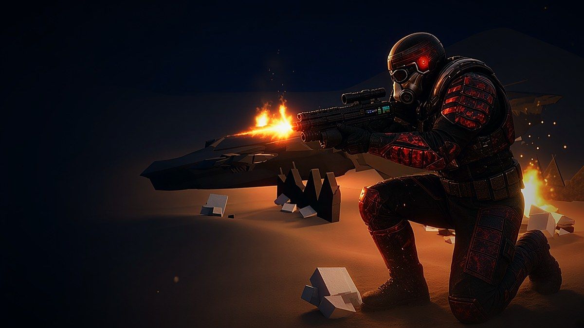 Small flickering fires sitting on top of a crashed gunship hull in Super Soldier Battle