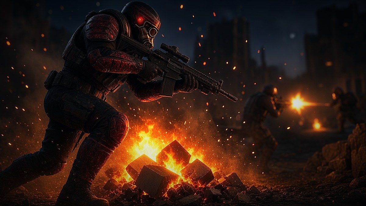 Close-up of a rubble pile fire with flames, rising embers and smoke in Super Soldier Battle