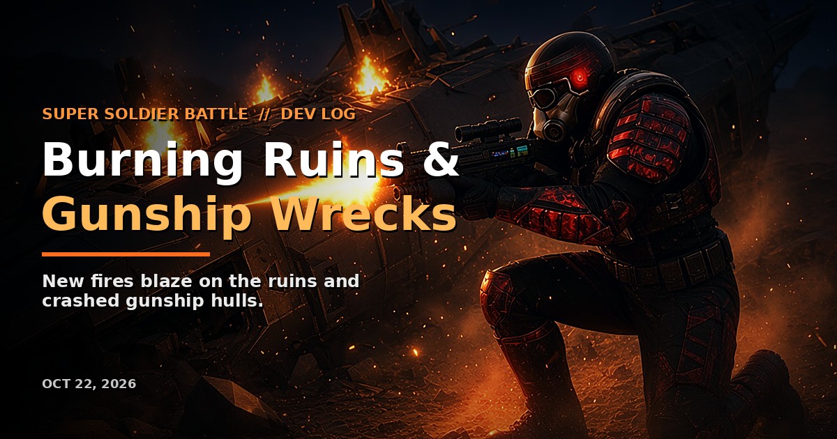 Burning ruins and crashed gunship wrecks in Super Soldier Battle, a free Three.js browser shooter