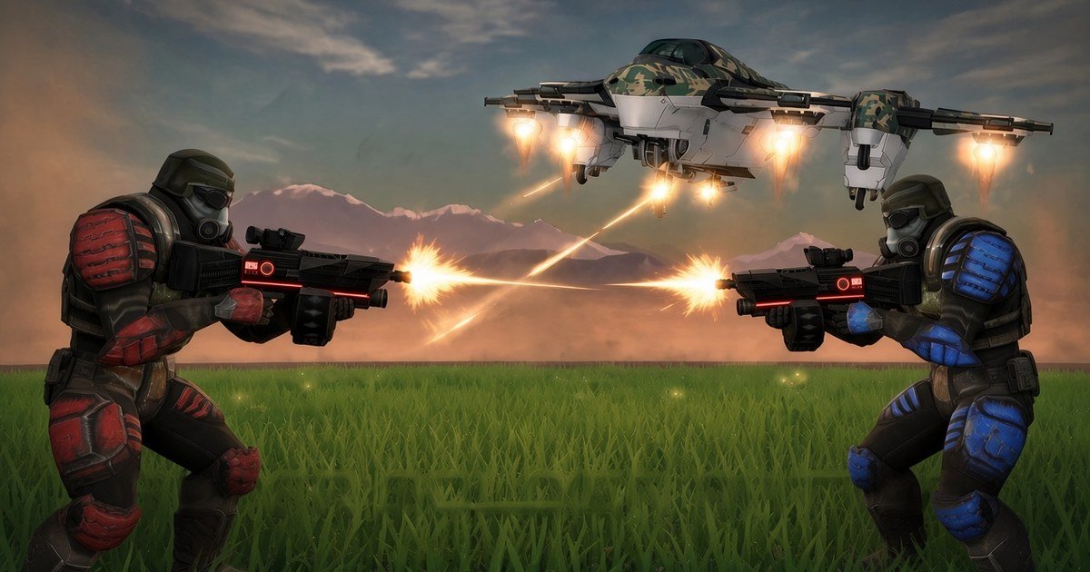 Red and blue armored soldiers trading fire on a grassy field under a hovering gunship in Super Soldier Battle