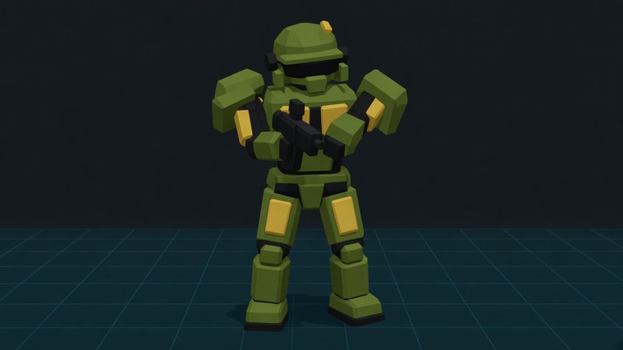 Concept art: a low-poly olive and yellow armored soldier holding a rifle