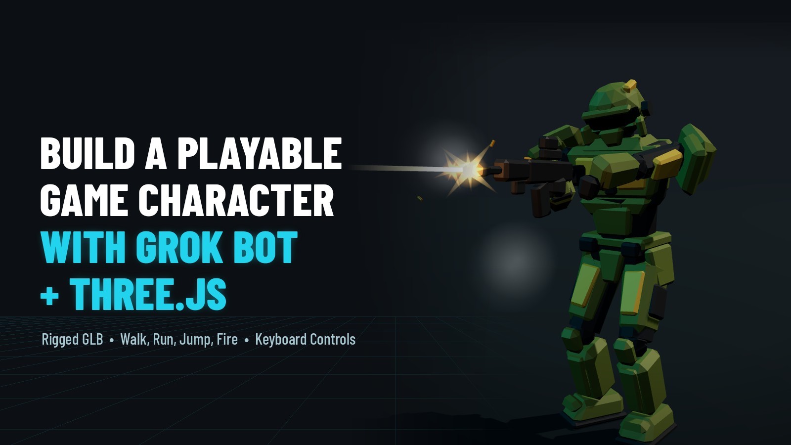 Low-poly armored soldier game character in olive and yellow armor holding a rifle, built with Grok Bot and Three.js