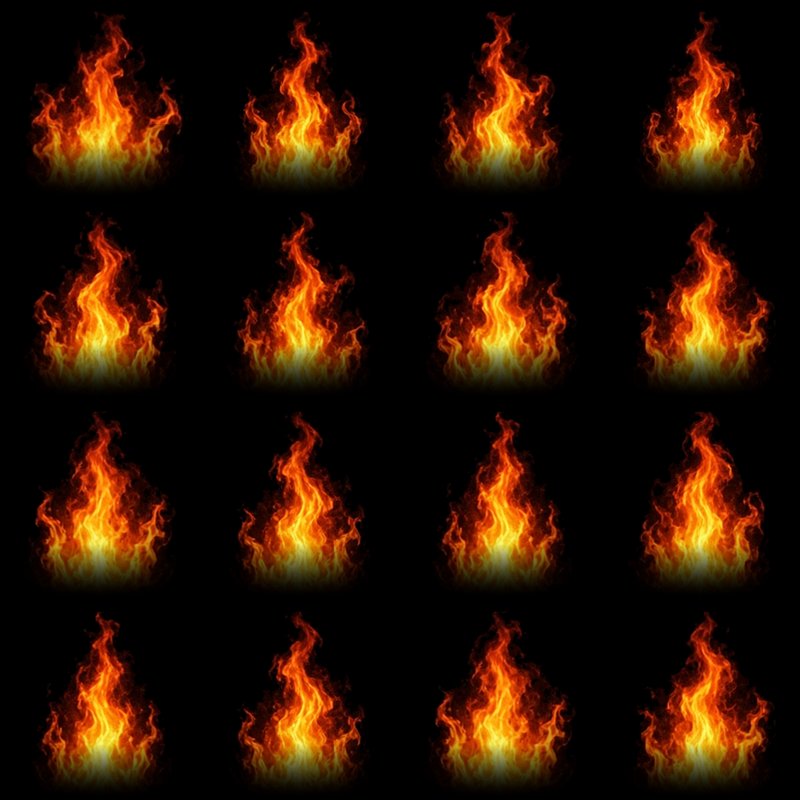 Repacked 4 by 4 flame flipbook with soft rounded bases