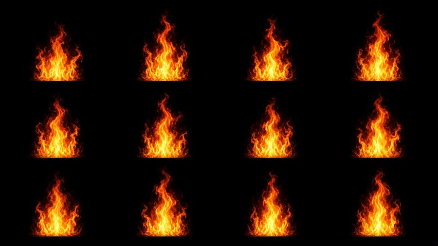Generated flame frames, 4 by 3, on black