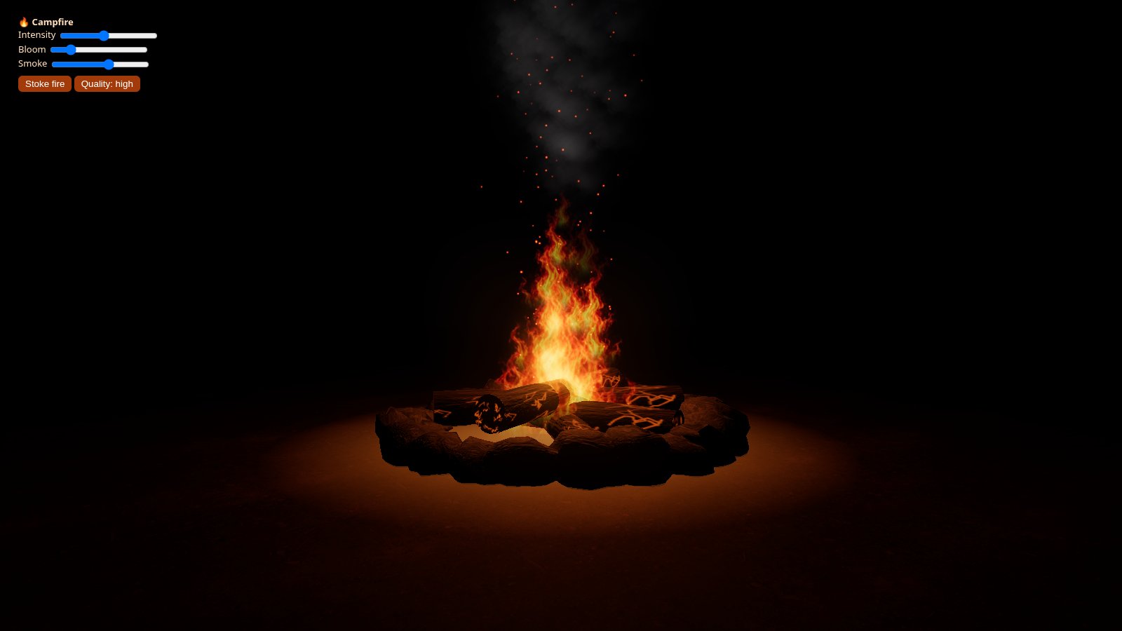 Orbiting view of the finished campfire with logs, stones and smoke