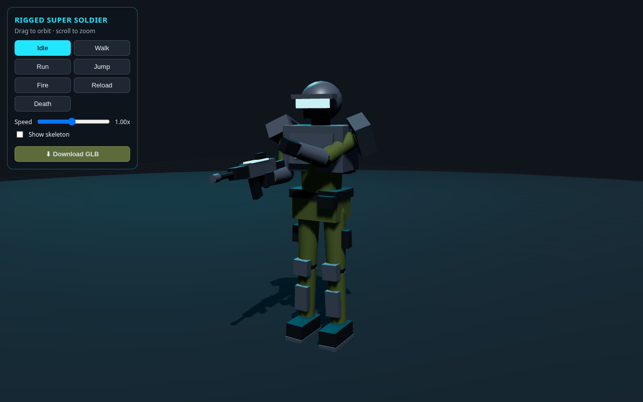 Rigged, animated 3D super soldier built from primitives in Three.js, holding a rifle at the ready