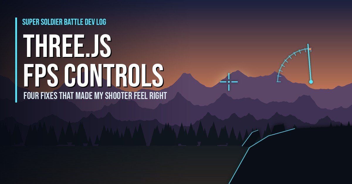 Three.js FPS controls: first-person view of a soldier's rifle aimed across a dusky mountain battlefield with a cyan crosshair and a curved look-angle gauge