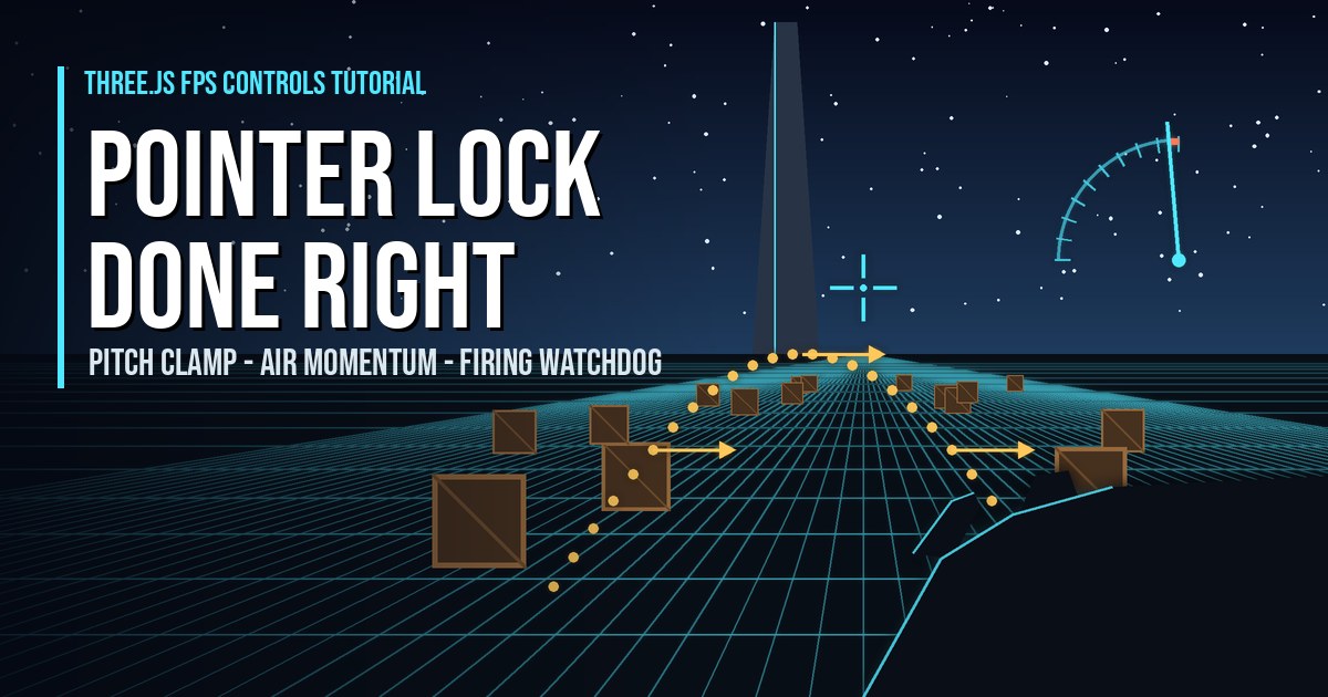 Three.js FPS controls tutorial: first-person view down a night training range with a rifle, a cyan crosshair, a pitch arc stopping short of straight up, and a dotted jump arc
