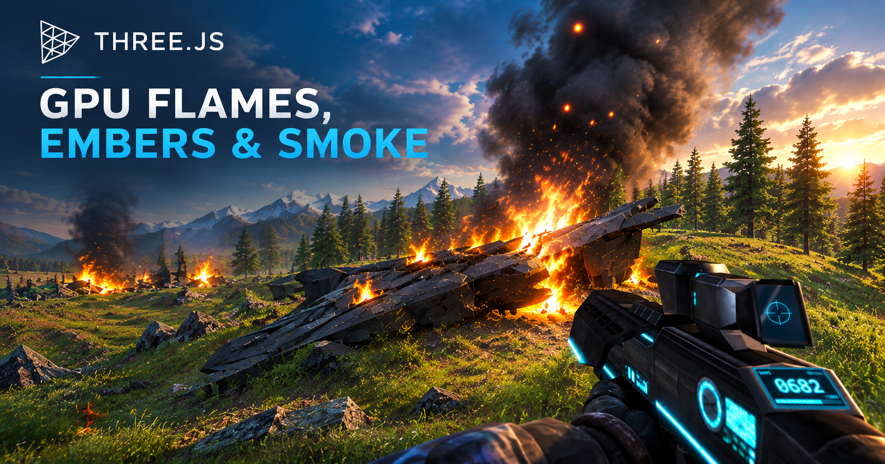 GPU fire particles &mdash; flames, embers and smoke rendered in two draw calls in Three.js