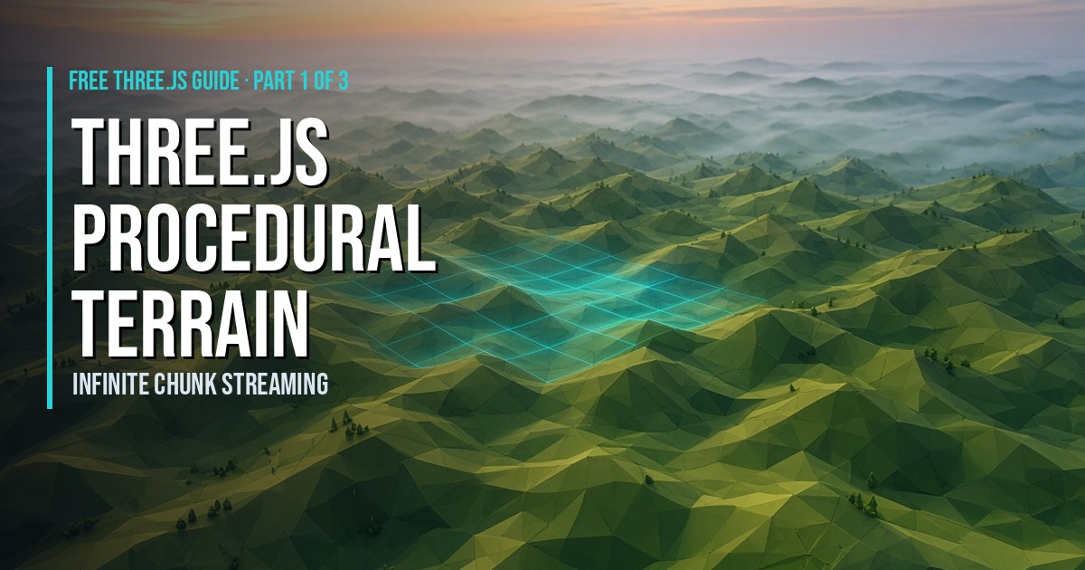 Three.js procedural terrain at dusk: a low-poly soldier stands on endless rolling green hills while a glowing cyan chunk grid fades into the fog