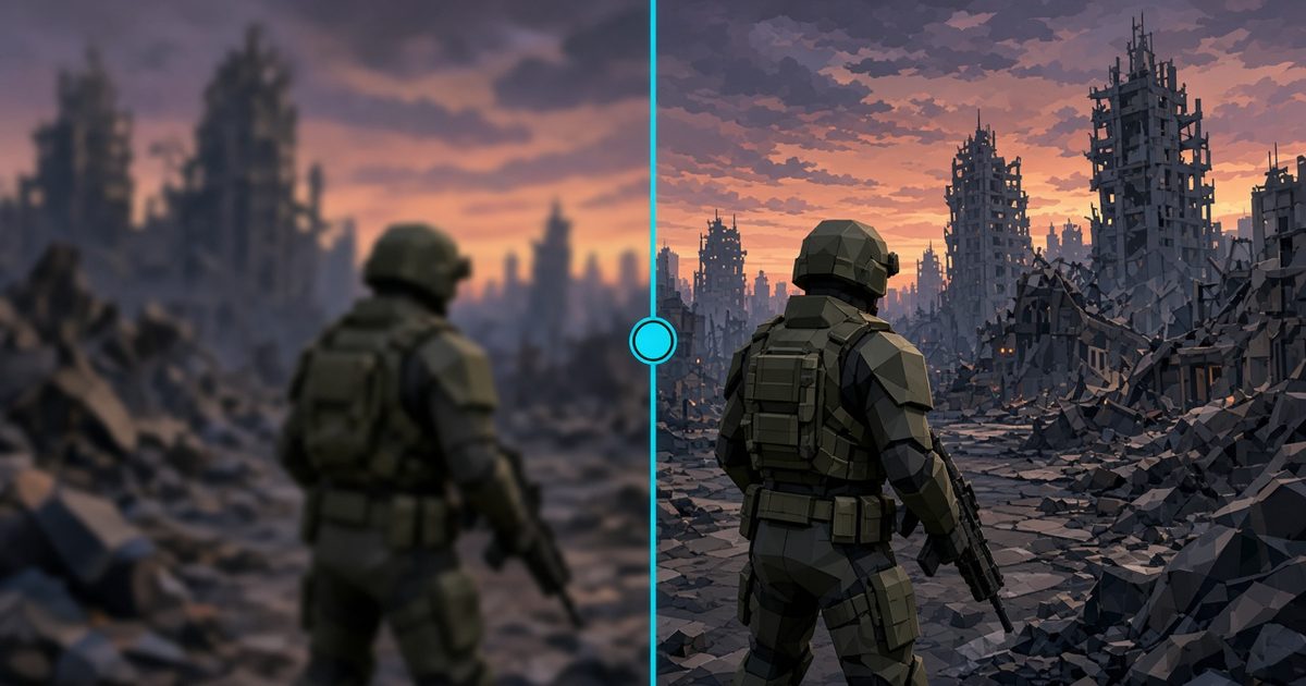 Three.js sharpen filter: split-screen of a low-poly soldier in a ruined city at dusk, soft on the left and crisp on the right of a glowing cyan divider