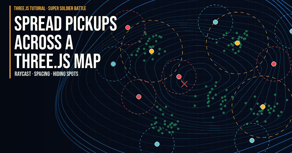 Top-down tactical map showing health, ammo and shield pickups spread across a Three.js terrain with spacing rings