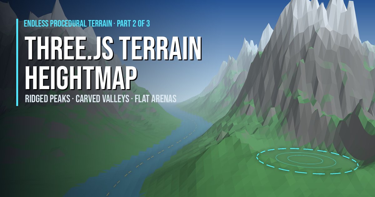 Three.js terrain heightmap illustration: low-poly ridged mountains with snowy peaks, a carved river valley winding through them and a flat arena marked by a dashed cyan ring