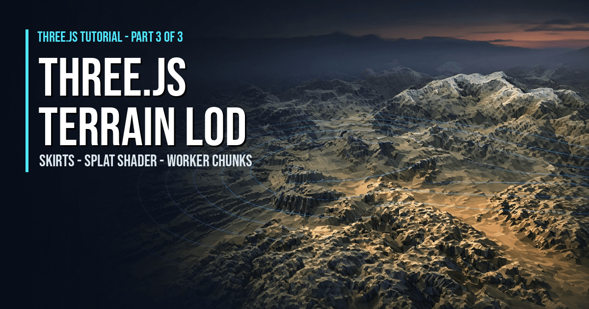 Three.js terrain LOD tutorial diagram: a fine cyan wireframe terrain chunk meets a coarse blue wireframe chunk, with a glowing amber skirt strip hanging under their shared edge to fill the crack