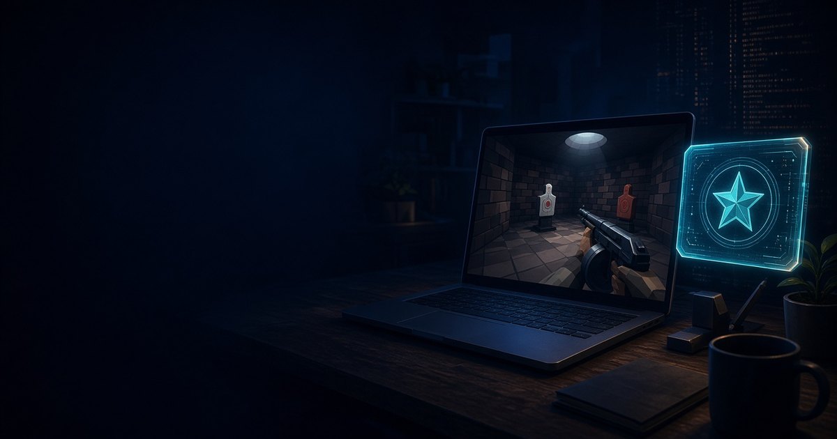 Three.js tutorials membership: a glowing premium membership card beside a laptop running a low-poly Three.js shooter scene