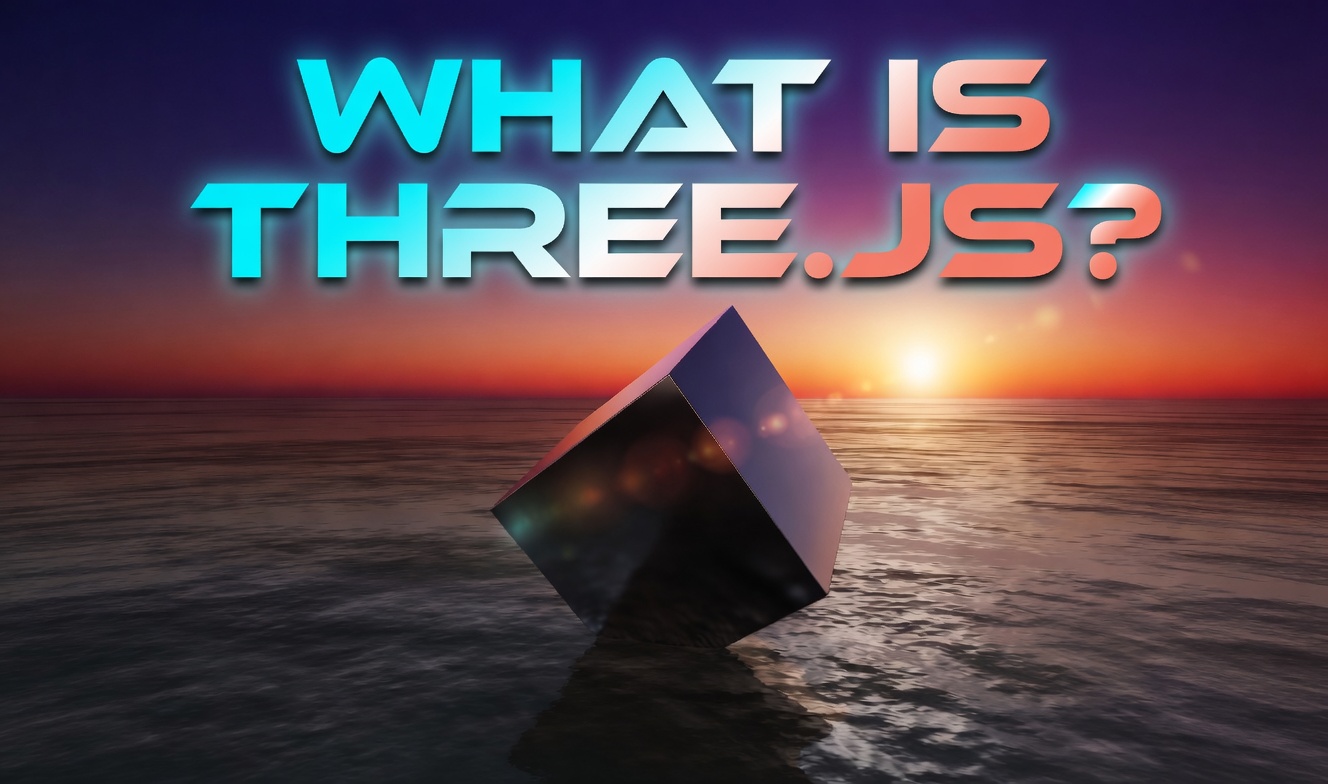 Three.js 3D scene with reflective cube over ocean at sunset